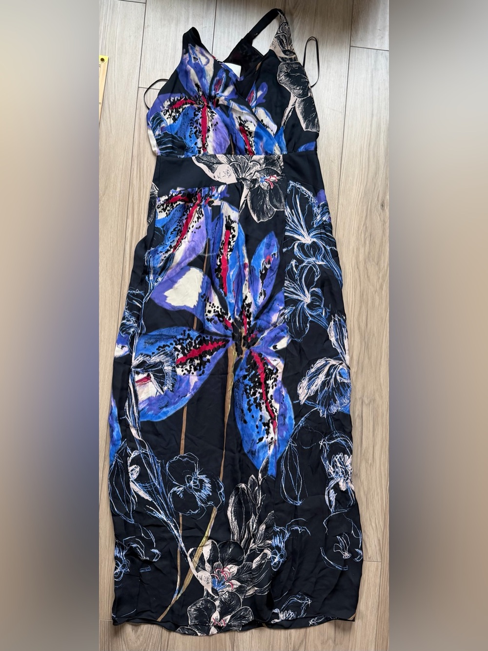 leifsdottir anthropology Suki Black Floral Maxi Dress Beaded Shoulder Straps